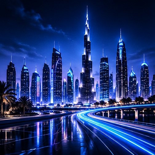 Futuristic Dubai skyline at night