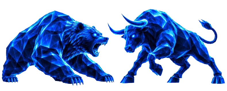 Neon blue bear and bull facing off